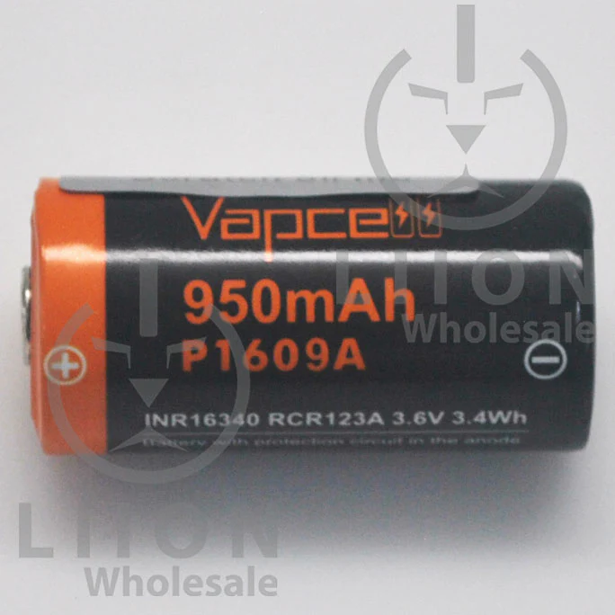 Protected Vapcell P1609A 16340 3A Button Top 950mah Battery - Genuine - Image 2